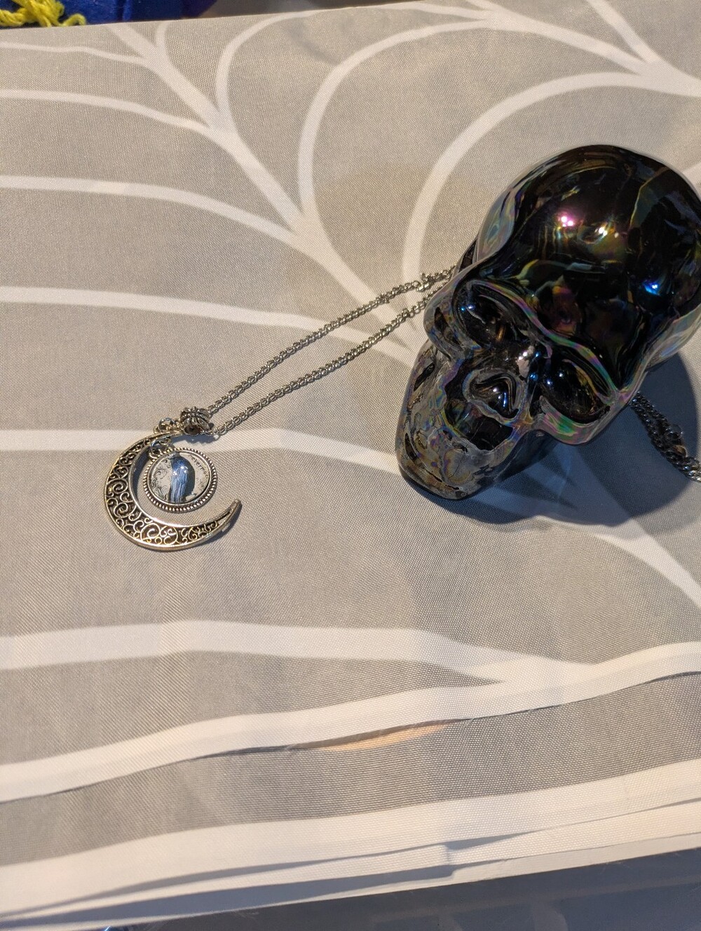 Silver Crescent Moon Pendant Necklace - And Skull Decor